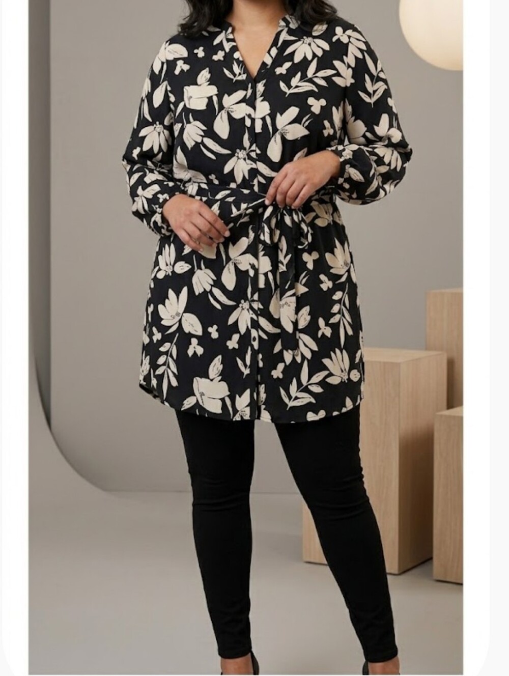 a new day Black and White Floral Button-Front Tunic